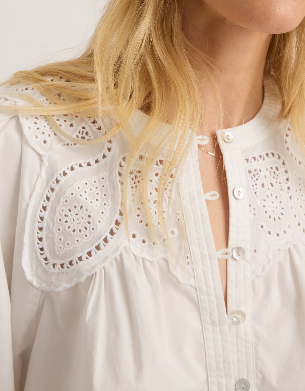 Close-up of a white poplin blouse with intricate embroidery detailing on a plain background