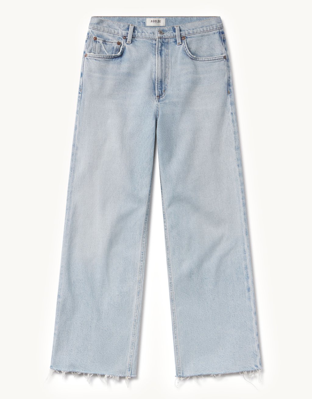 Light blue high-rise, wide-leg jeans on a light gray background