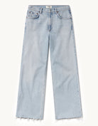 Light blue high-rise, wide-leg jeans on a light gray background